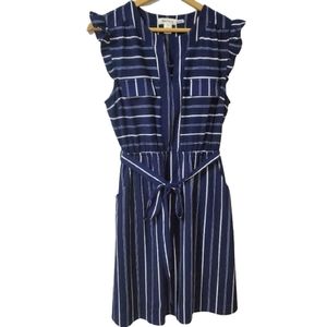 MONTEAU Sheath Dress Ruffles Stripes Blue L